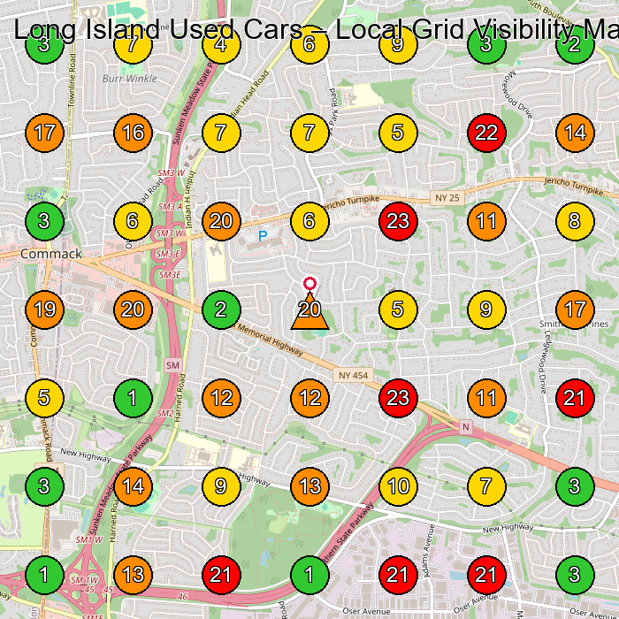 Long Island Used Cars Used Car Dealer GeoGrid ranking map for Commack NY